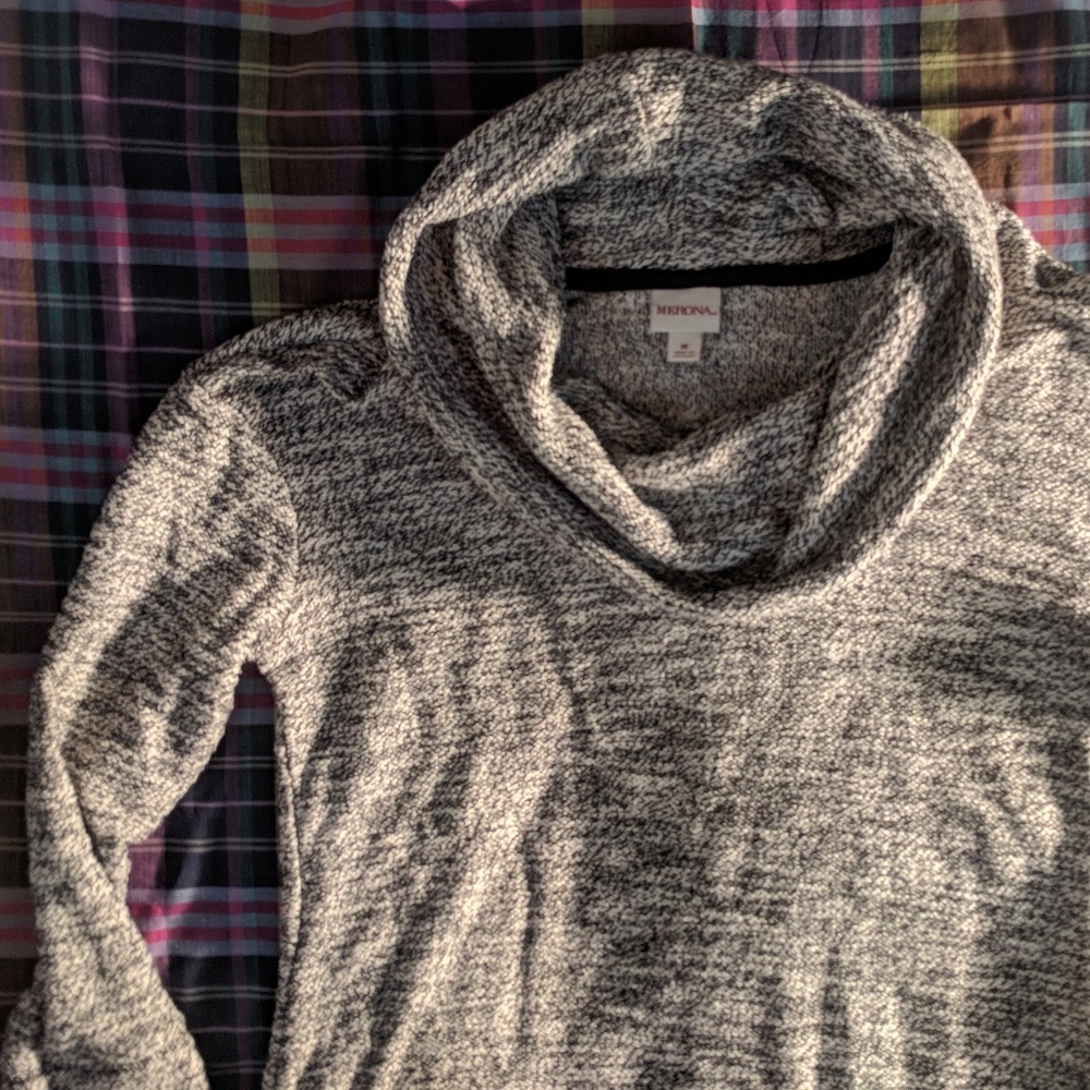 Cowl neck sweater, black and white knit